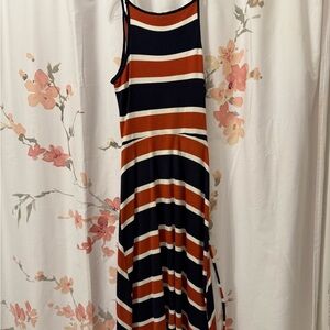 White and Navy Blue Sleeveless Midi Sundress